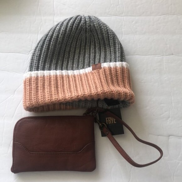 Frye Color Block Beanie HAT Sz.66-68 and Leather Wristlet Set Dust Pink Brown - Picture 7 of 12